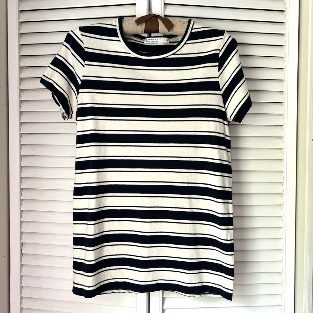 M⚓️ Stateside Anthropologie Block Stripe Navy Blue Cream Shirt Sleeve Tee Shirt